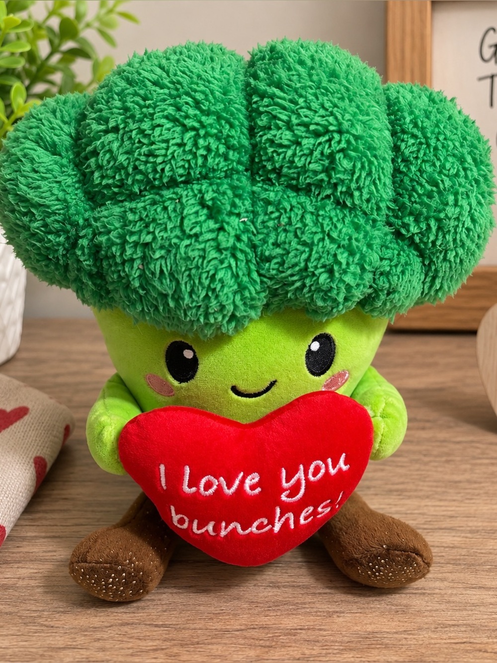 Green Broccoli Plush Toy with Red Heart - I Love You Bunches